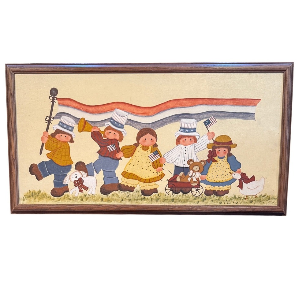 Vintage Hand Crafted Donna Hooper Americana Folk Art Patriotic Parade Framed Art